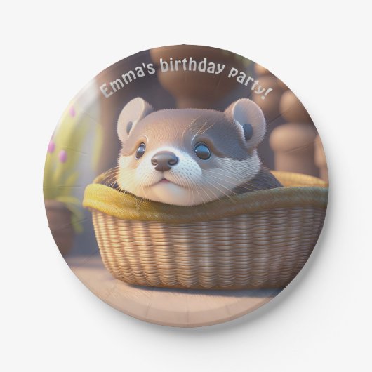 Niedliches Otterbaby in einem Korb - personalisier Pappteller (Vorderseite)