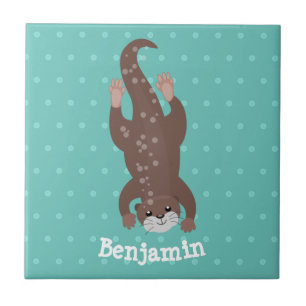 Niedliches Ottertauchen auf aquamariner Cartoon-Ab Fliese