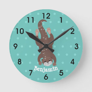 Niedliches Ottertauchen auf aquamariner Cartoon-Ab Runde Wanduhr