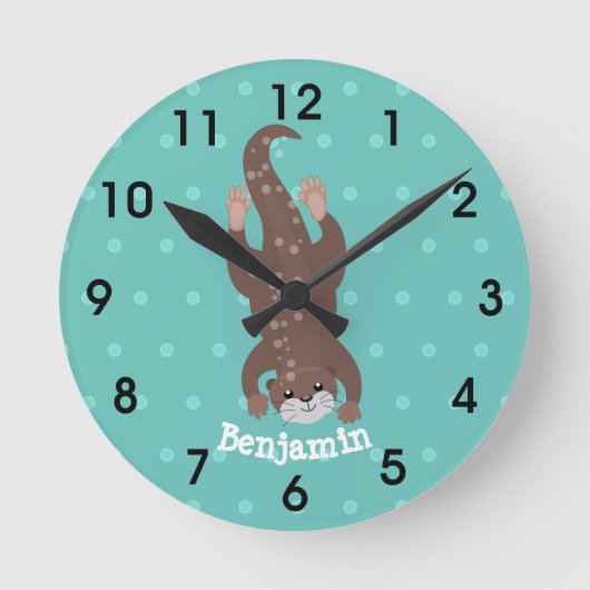 Niedliches Ottertauchen auf aquamariner Cartoon-Ab Runde Wanduhr (Vorderseite)