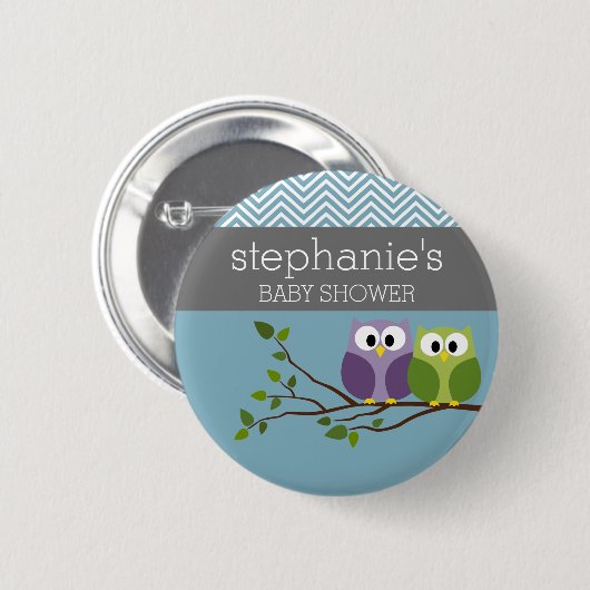 Niedliches Owl auf Branch - Blue Baby Boy Dusche Button (Vorne & Hinten)