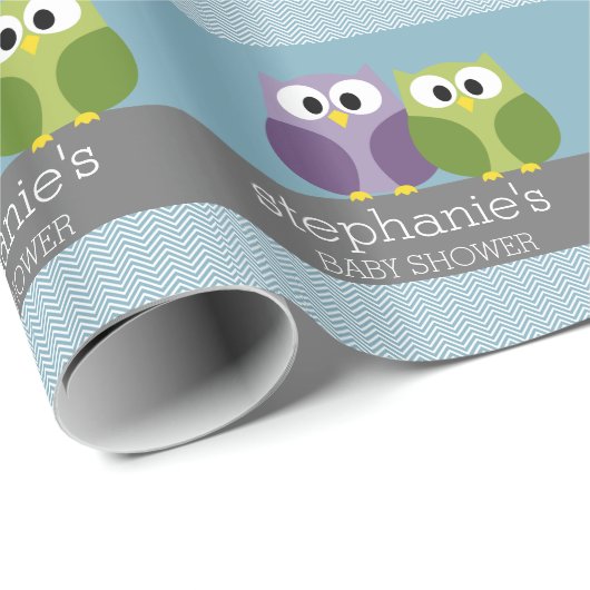 Niedliches Owl auf Branch - Blue Baby Boy Dusche Geschenkpapier (Rolleneckpunkt)