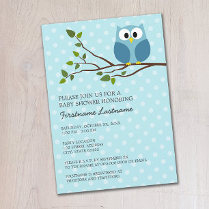 Niedliches Owl auf dem Zweig Light Blue Baby Boy D Einladung