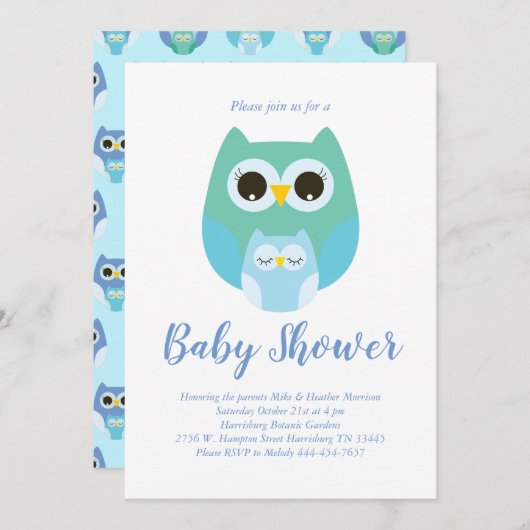 Niedliches Owl Baby Dusche Blue Bird Boy Einladung (Vorne/Hinten)