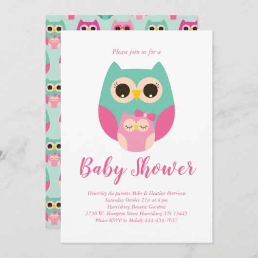 Niedliches Owl Baby Dusche Pink Bird Girl Einladung (Vorne/Hinten)