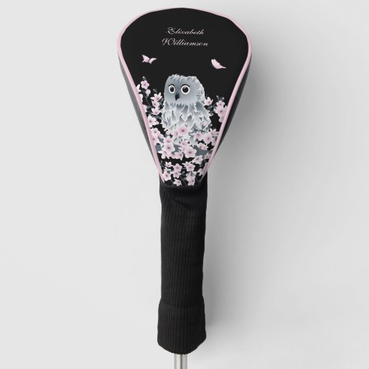 Niedliches Owl Cherry Blossom Pink Black Golf Headcover (Vorderseite)