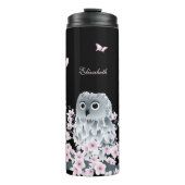 Niedliches Owl Cherry Blossom Pink Black Thermosbecher (Vorderseite)