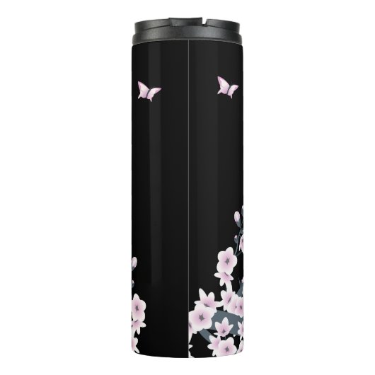 Niedliches Owl Cherry Blossom Pink Black Thermosbecher (Rückseite)