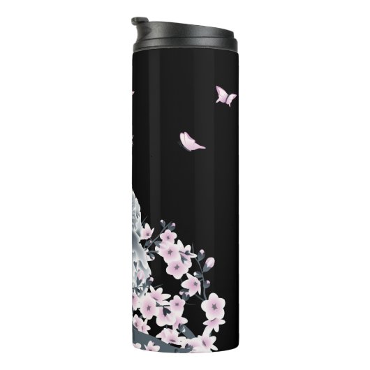 Niedliches Owl Cherry Blossom Pink Black Thermosbecher (Nach rechts gedreht)