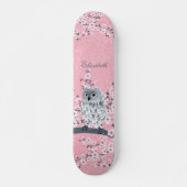 Niedliches Owl Cherry Blossom Pink Glitzer Monogra Skateboard (Vorne)