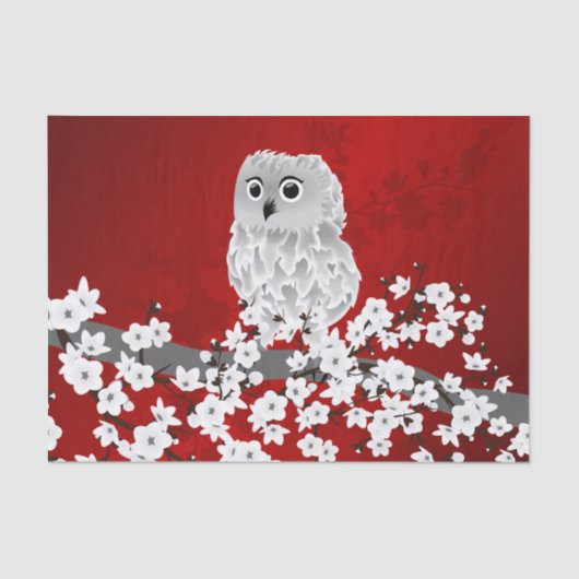 Niedliches Owl Cherry Blossom Schwarz-weiß Seidenpapier (Vorderseite)