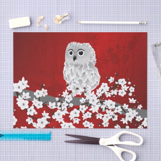 Niedliches Owl Cherry Blossom Schwarz-weiß Seidenpapier (Handwerk)