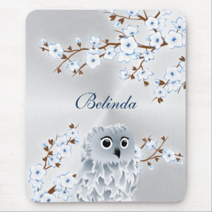 Niedliches Owl Cherry Blossom Silver White Monogra Mousepad