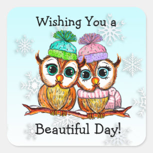 Niedliches Owl Coupé auf der Zweigstelle Quadratischer Aufkleber