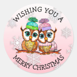 Niedliches Owl Couple Frohe Weihnachten Runder Aufkleber