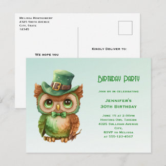 Niedliches Owl in einem Grünen Top Hat Geburtstag Einladungspostkarte
