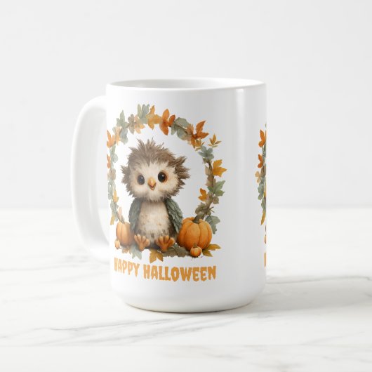 Niedliches Owl Pumpkin Happy Halloween Design Kaffeetasse (Vorderseite Links)