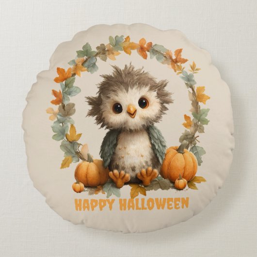 Niedliches Owl Pumpkin Happy Halloween Design Rundes Kissen (Vorderseite)