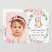Niedliches Owl Rosa Blumengrün Geburtstagsgeschenk Einladung (Vorne/Hinten)