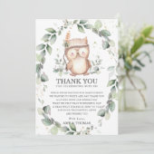 Niedliches Owl Rustikale Grünpflanzen Kinderdusche Dankeskarte (Stehend Vorderseite)