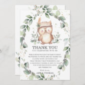 Niedliches Owl Rustikale Grünpflanzen Kinderdusche Dankeskarte (Vorne/Hinten)