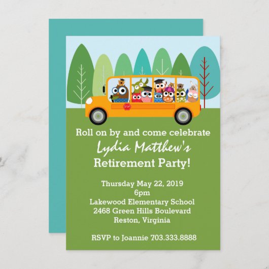 Niedliches Owl School Busfahrer-Party zur Rückgabe Einladung (Vorne/Hinten)