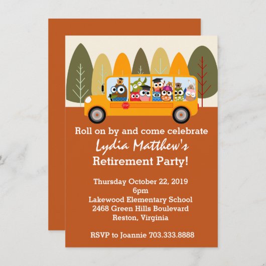 Niedliches Owl School Busfahrer-Party zur Rückgabe Einladung (Vorne/Hinten)