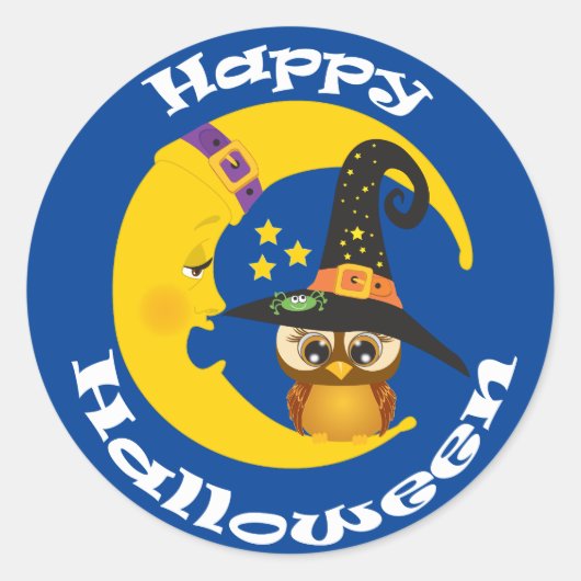 Niedliches Owl und MondHalloween Runder Aufkleber (Vorderseite)