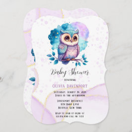 Niedliches Owl Watercolor Splash Girl Babydusche Einladung