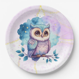 Niedliches Owl Watercolor Splash Girl Babydusche Pappteller