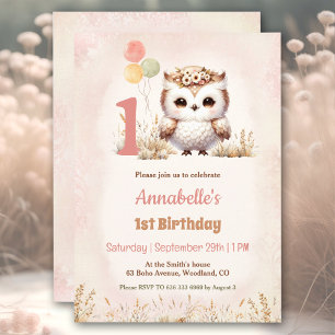 Niedliches Owl Woodland Boho Girl 1. Geburtstag Einladung