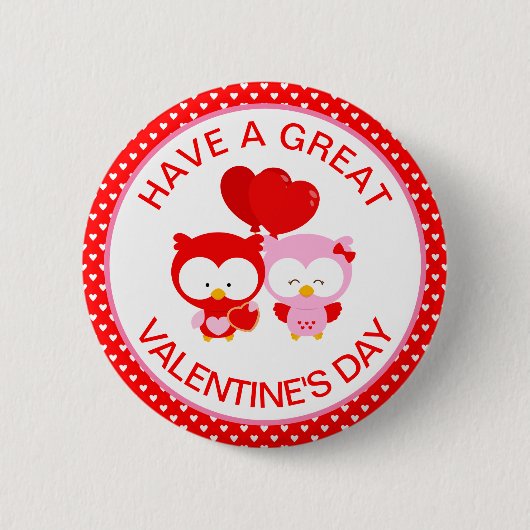 Niedliches Owls Couple and Hearts Valentinstag Button (Vorderseite)