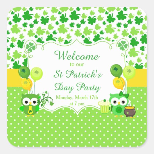 Niedliches Owls St Patrick's Day Party Quadratischer Aufkleber (Vorderseite)