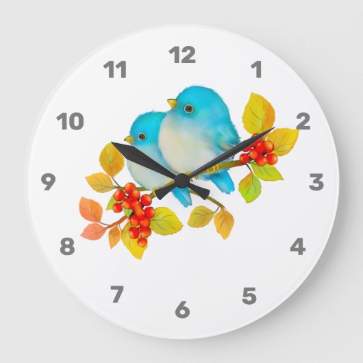 Niedliches Paar Bluebirds Wall Clock Große Wanduhr (Vorderseite)