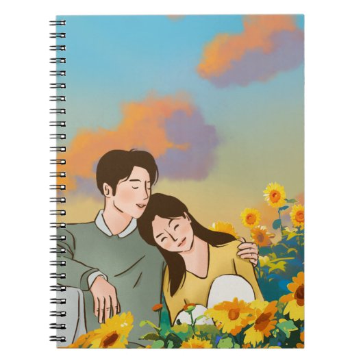 Niedliches Paar in einem Sonnenblumenlager Notizblock (Vorderseite)