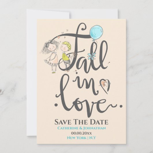 Niedliches Paar in Liebe zeichnend Typografie fall Save The Date (Vorderseite)