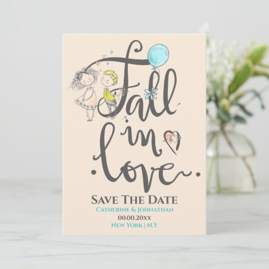 Niedliches Paar in Liebe zeichnend Typografie fall Save The Date (Stehend Vorderseite)