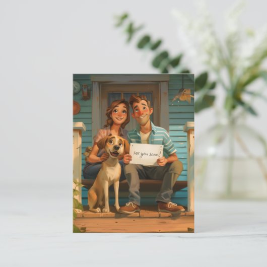 Niedliches Paar und ihr Hund Postkarte (Stehend Vorderseite)