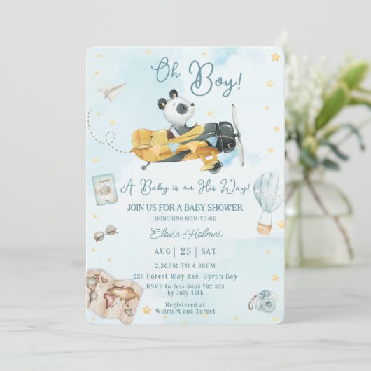 Niedliches Panda Bear Flugzeug Adventure Oh Boy Ba Einladung (Stehend Vorderseite)