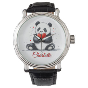 Niedliches Panda Holding Heart mit individualisier Armbanduhr