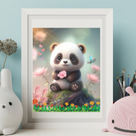 Niedliches Panda im Rosa Blumengarten Kunst, Dicht Poster
