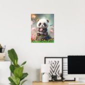 Niedliches Panda im Rosa Blumengarten Kunst, Dicht Poster (Heimbüro)