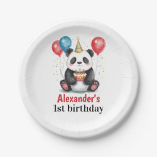 Niedliches Panda mit Balloons & Cake 1. Geburtstag Pappteller