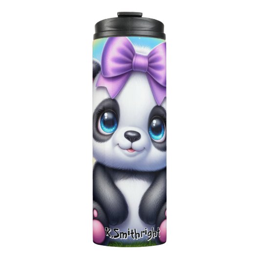 Niedliches Panda mit Lila Bow und Schmetterlingen Thermosbecher (Vorderseite)