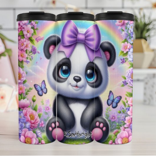 Niedliches Panda mit Lila Bow und Schmetterlingen Thermosbecher