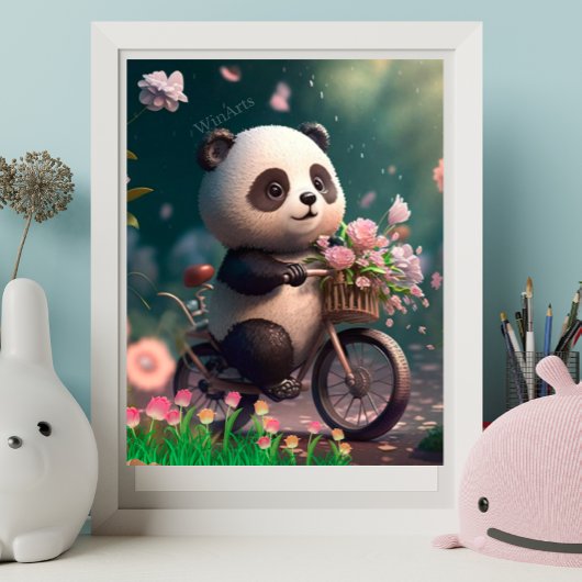 Niedliches Panda Reiten mit Blume Art Poster