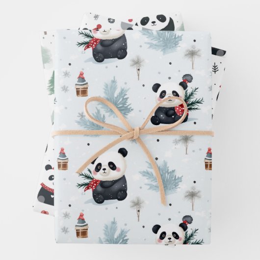 Niedliches Panda Santa Winterferienmuster Geschenkpapier Set (Beispiel)
