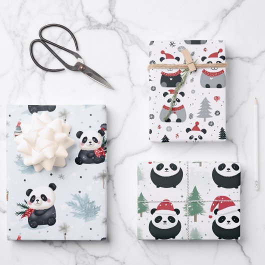 Niedliches Panda Santa Winterferienmuster Geschenkpapier Set (Vorderseite)