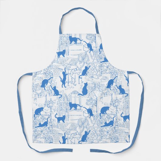 Niedliches Pariser Café Cats auf blauem und weißem Schürze (Vorderseite)