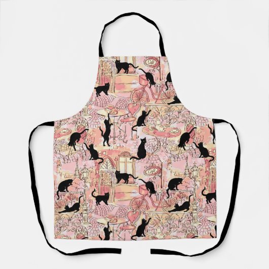 Niedliches Pariser Café Schwarze Katzen im rosa un Schürze (Vorderseite)